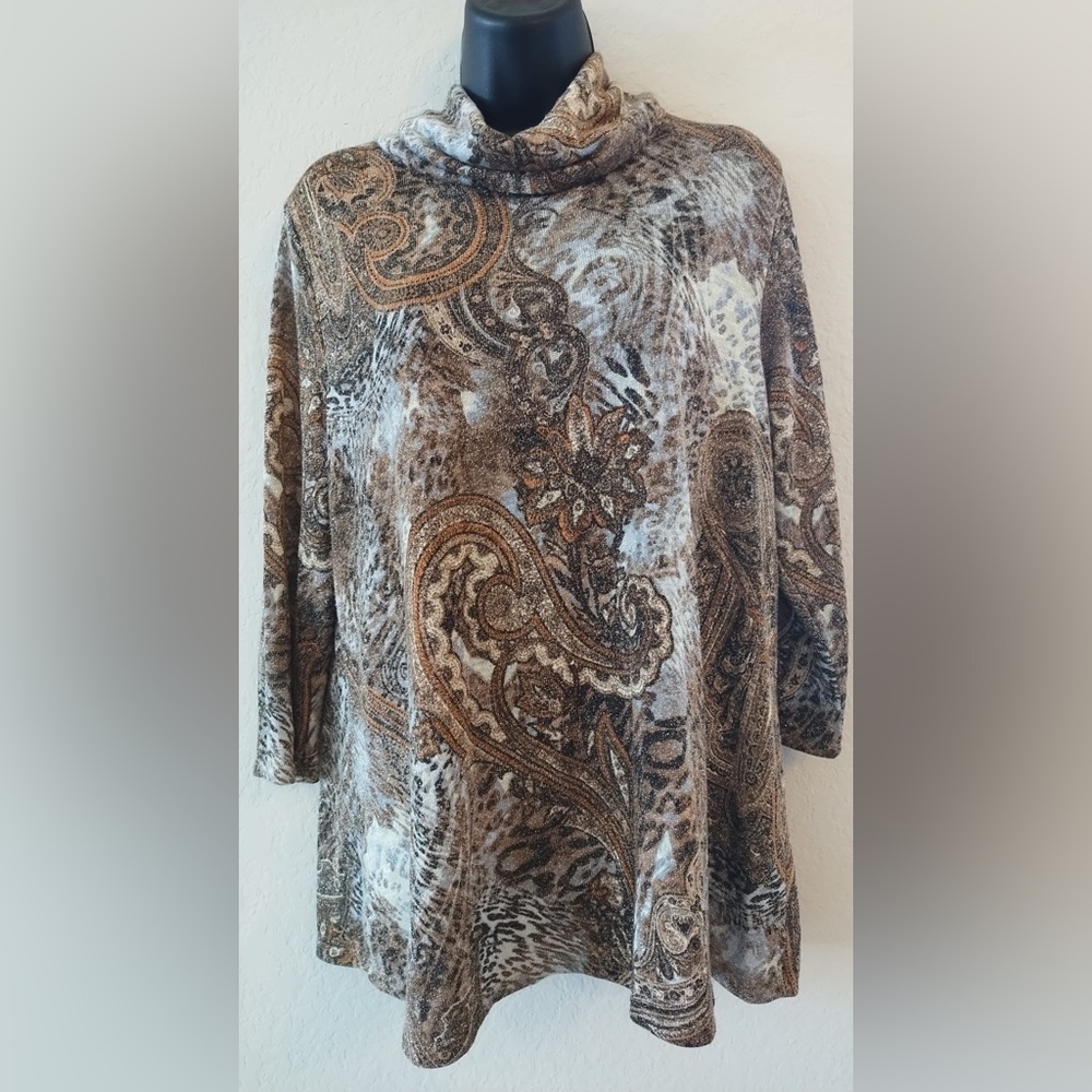 Cocomo Petite XL BROWN MULTICOLOR 3/4 SLEEVE BLOUSE, NECK ACCENTS…